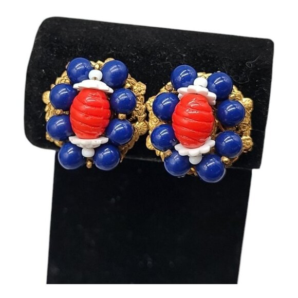 Miriam Haskell Jewelry - Miriam Haskell Patriotic Bead Cluster Clip On Earrings Rare Vintage Signed Pat #